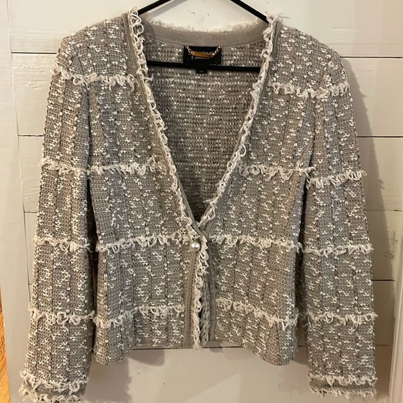 St. John Jackets & Blazers - St. John Couture Dress Jacket in Taupe and Ivory with Pearl Button Accent, 10